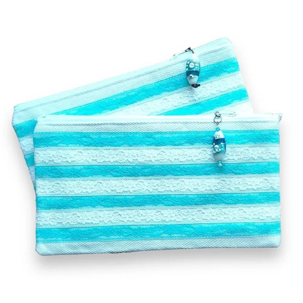 Set of 2 Blue Lace Zippered Clutch Makeup Bag Storage Pouch Pencil Case NEW